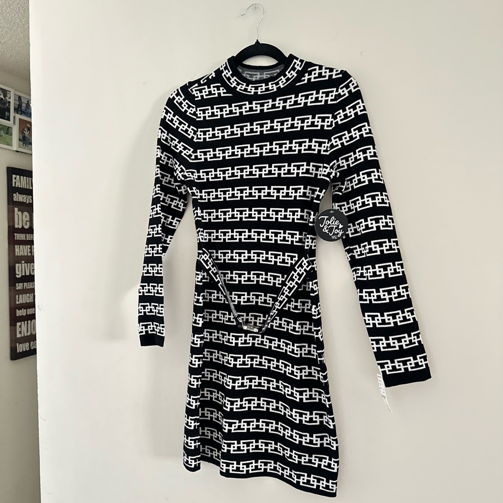 Black and White Sheath Dress with Mock Neck and Cuffed Sleeves